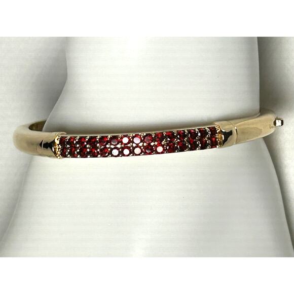 Bellezza Gold Plated Red Faceted Glass Stones Hinged Bracelet Size 7 Signed - Picture 1 of 10